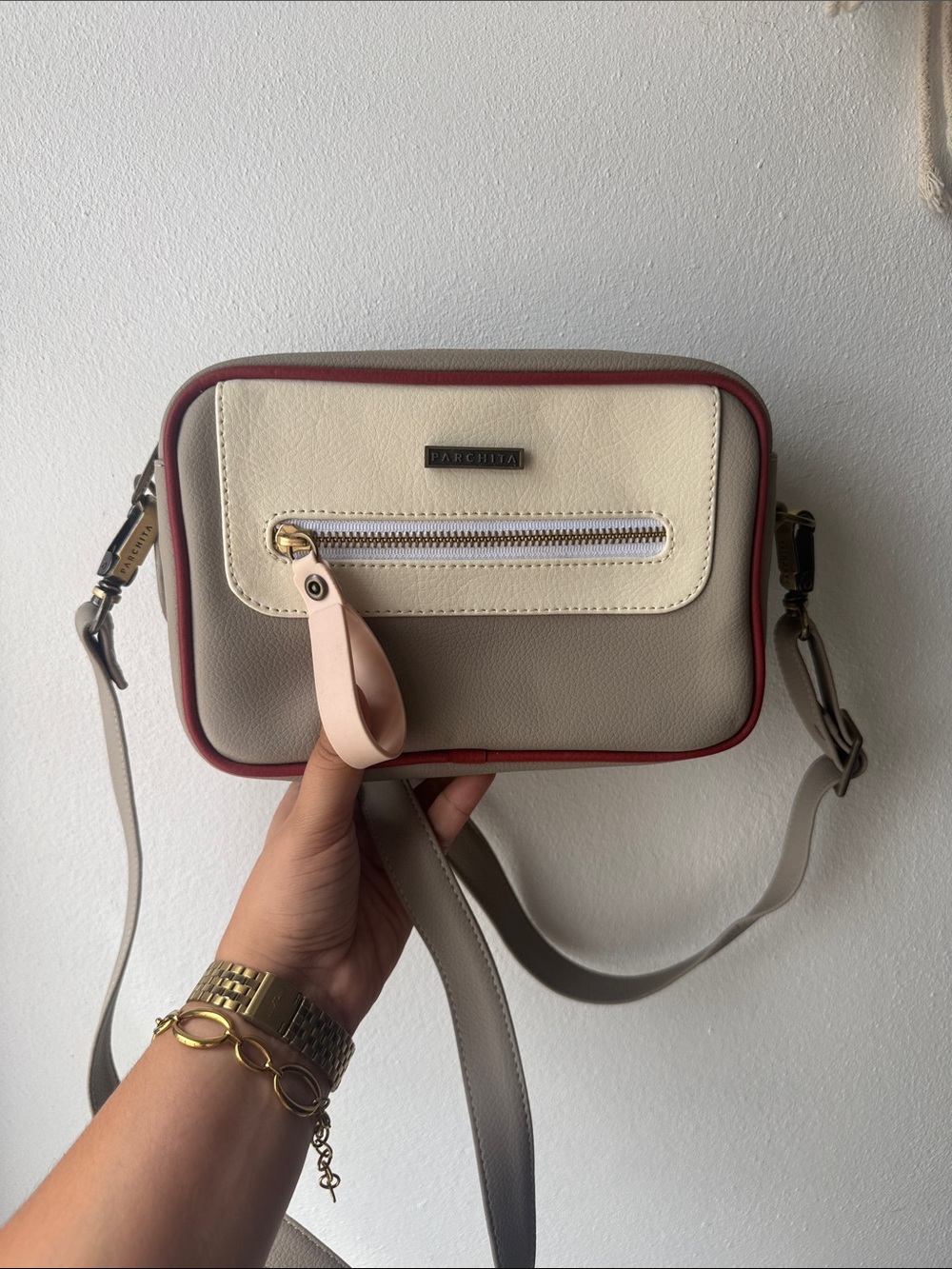 Gray & White Crossbody Parchita Bag with Burgundy Trim- Colombian leather bag